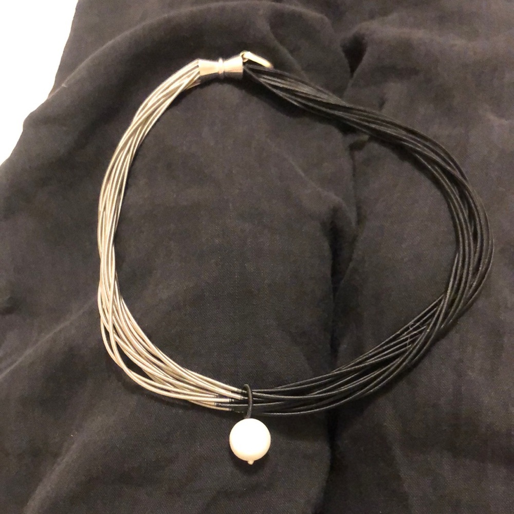 Sea lily Elegant Black and Silver Necklace with large Pearl